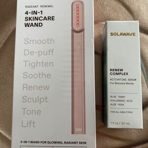 New in box. Solawave 4-in-1 skincare wand. Rose gold color, 1 Oz renew serum.